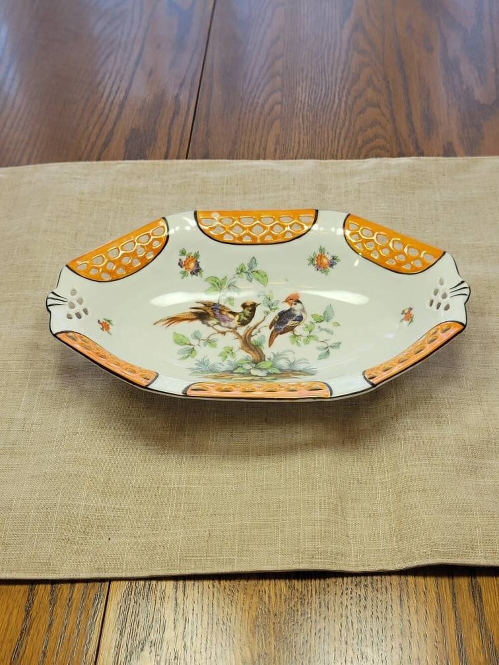 Vintage German Porcelain Lustreware Bird Bowl Reticulated Orange Candy Dish